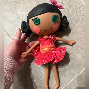Adorable Red Button-Eyed Doll with Floral Dress